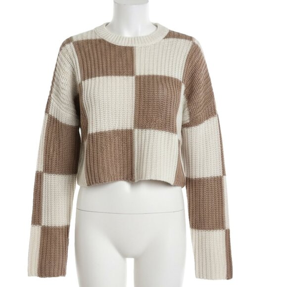 Moon & Madison Checkered Sweater XS Brown Cream Cropped Knit Pullover - Picture 1 of 5